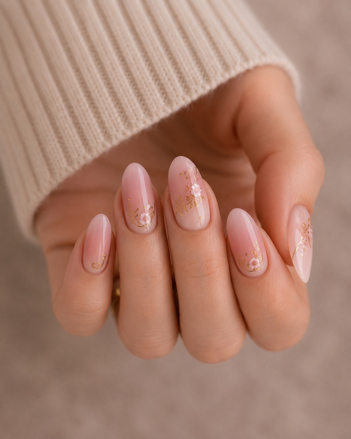 Luxury Pink Ombre Nails With Gold Floral Design At Onyx Studio Wellingborough Northamptonshire